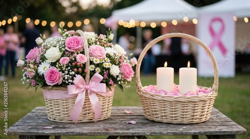 Pink roses and white flowers arranged in wicker baskets with lit candles sitting on wooden table for breast cancer awareness