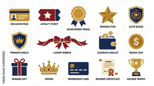 Customer loyalty rewards and achievement badge icons.