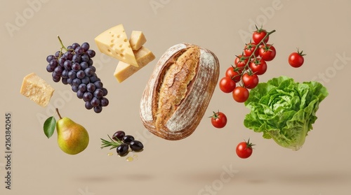 Rustic bread loaf floats in air surrounded by fresh organic grapes cheese tomatoes lettuce pear olives and aromatic rosemary sprigs