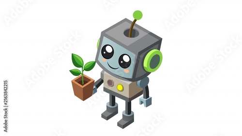 Cute eco-friendly robot gardener. Animation of a robot with a flower in a pot, alpha channel. Cartoon