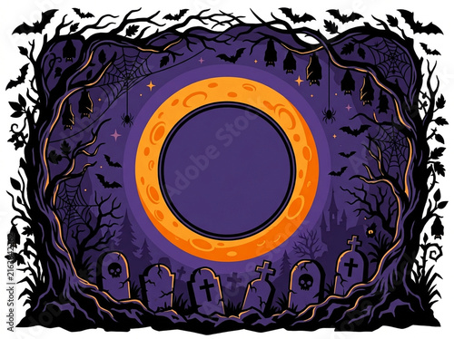 Spooky Halloween Border with Gravestones Bats and Moon Frame for Party Invitation Design