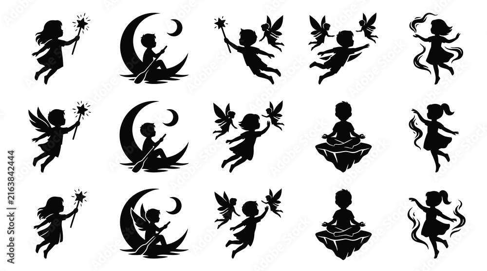 Fototapeta premium Black White Silhouette Fairies and Moon Vector Art, Fantasy Child Figures