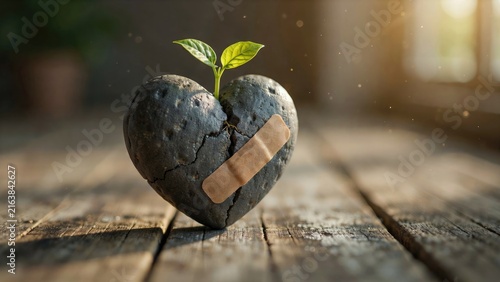 Cracked stone heart shape with adhesive bandage and small green plant growing from top on rustic wooden surface indoors close