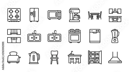 Domestic kitchen appliances and home equipment icons.