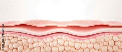 Human skin layers shown in a detailed medical cross section illustration with soft lighting and smooth pink anatomical texture details