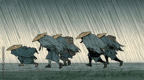 Vintage Japanese Ukiyo-e print of travelers on a road in heavy slanting rain