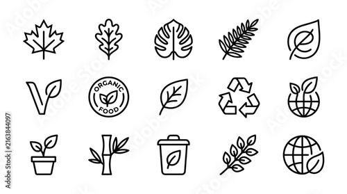 Eco friendly organic and nature conservation line icons.