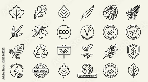 Eco friendly organic and sustainability icon set.