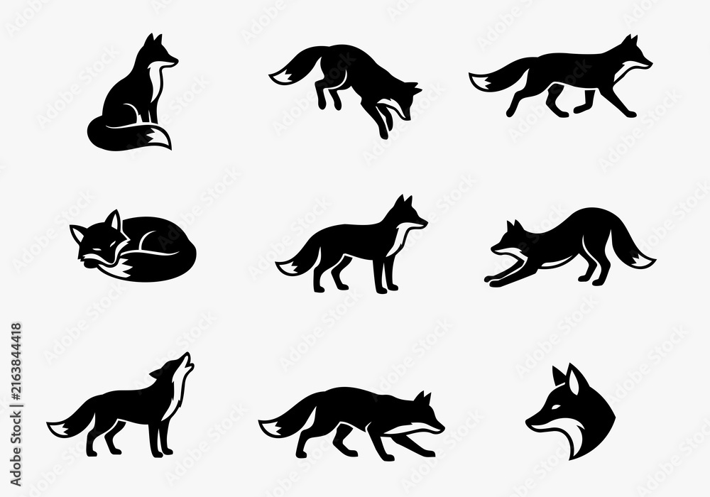 Fototapeta premium Minimalist wild fox natural behavior silhouette vector set