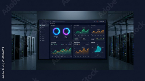 Futuristic Server Room Dashboard Display with Data Analytics and Charts