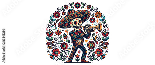 Skeleton Mariachi Musician Playing Trumpet Isolated