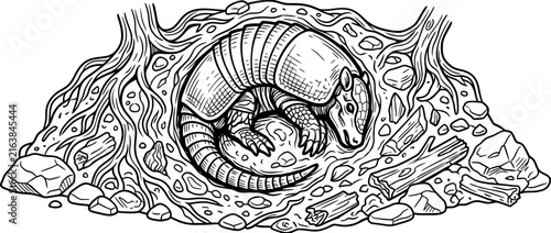Armadillo curled up in tree roots illustration
