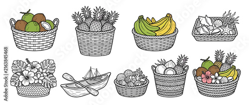 Assorted Tropical Fruit Baskets and Nautical Items
