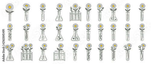 Botanical Science Icons: Flowers in Lab Glassware