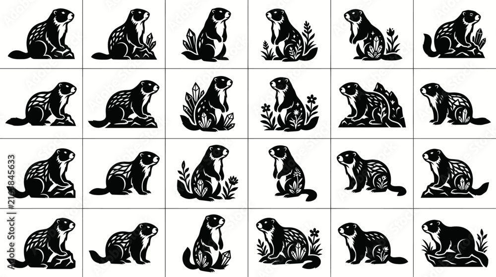 Fototapeta premium Black and White Groundhog Silhouette Set, Vector Animals