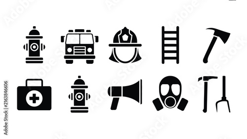 Black and white vector illustration set of firefighting icons featuring fire hydrants, fire truck, firefighter helmet, ladder, axe, and gas mask.