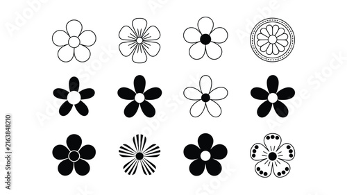Set of black and white flower icons collection modern minimalist botanical flat vector illustration decorative outline floral graphic design elements