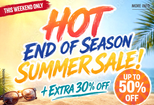 Bright summer sale advertisement with sunglasses and palm leaves on beach background