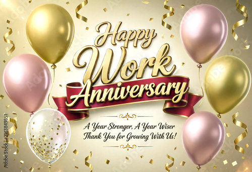 Celebrate happy work anniversary with elegant gold balloons and confetti on a decorative card design