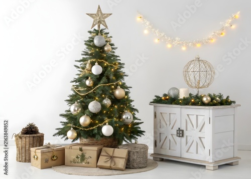 Festive Christmas Tree with Ornaments and Gifts in a Brightly Lit Room