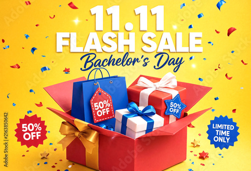 Colorful bachelor day flash sale advertisement with gift boxes and shopping bags on yellow background