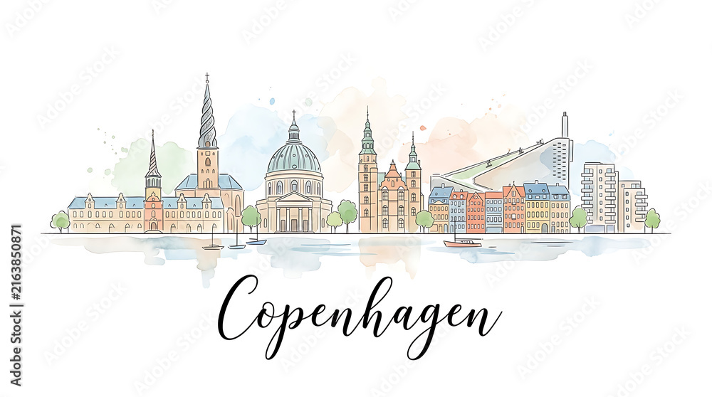 Fototapeta premium Stylized watercolor cityscape of Copenhagen featuring iconic architecture and serene waterfront views in an artistic digital