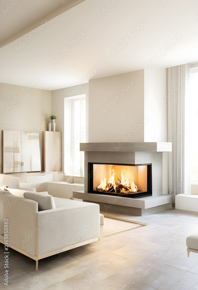 Fototapeta premium Modern living room interior design with cozy fireplace, luxury home comfort and contemporary architecture
