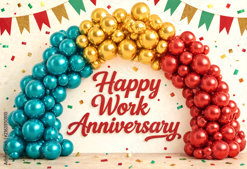 Colorful balloon arch decoration with happy work anniversary text and festive confetti background