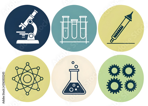 Scientific research icons including microscope test tubes dropper atom flask and gears isolated on transparent background