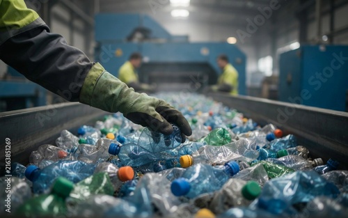 Industrial recycling plant conveyor belt with plastic bottles and sorting worker