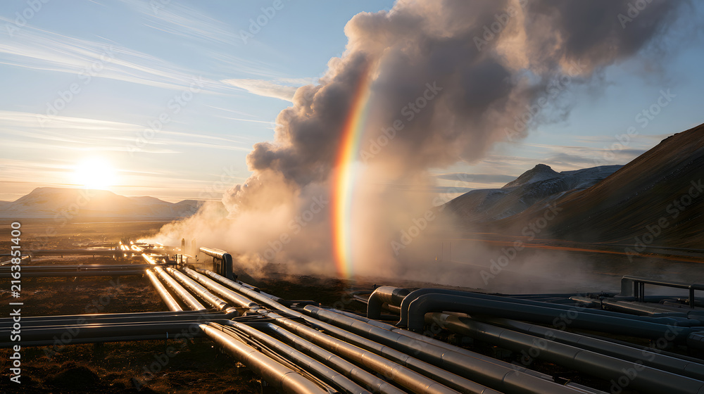 Fototapeta premium Sunlight Refracting Through Rising Steam in a Scenic Field with Rainbow Effect at Sunrise