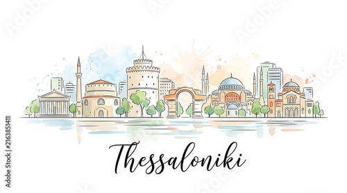 Watercolor illustration of Thessaloniki city skyline showcasing iconic landmarks and vibrant urban atmosphere in soft pastel hues