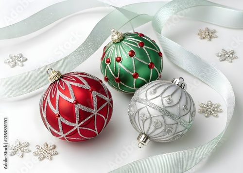 Three festive Christmas ornaments with glittery ribbons and snowflakes on a clean white background