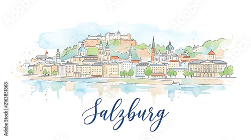 Elegant watercolor illustration of Salzburg's historic cityscape with iconic structures and scenic landscapes capturing the