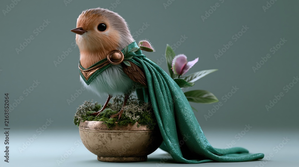 Fototapeta premium Small robin bird wearing a green cape and gold adornment sitting on moss in a decorative bowl during soft studio lighting