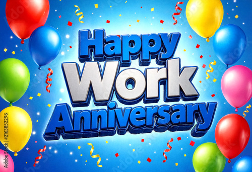 Colorful happy work anniversary celebration with balloons and confetti in vibrant design