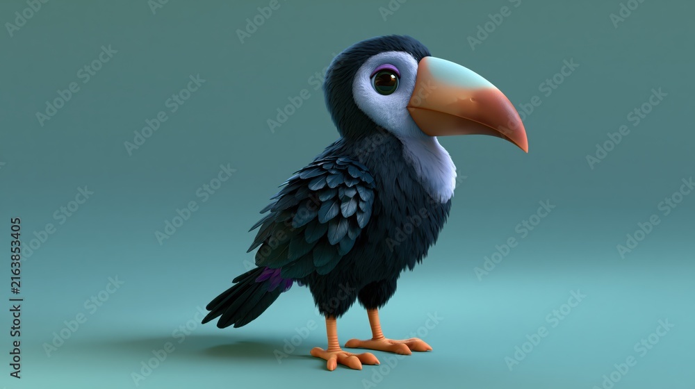 Naklejka premium Cute cartoon toucan bird standing against a smooth teal background with soft studio lighting and shallow depth of field