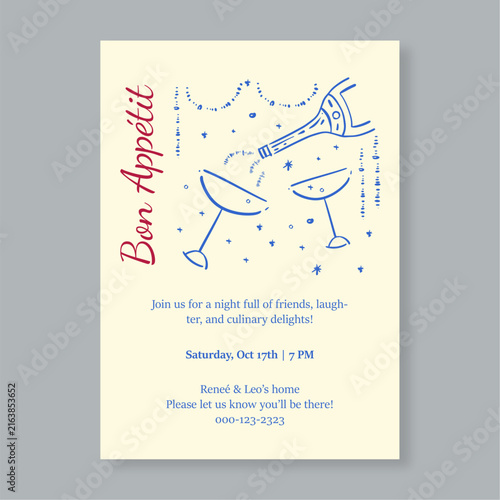 Elegant Hand Drawn Dinner Party Invitation Card with Wine Bottle and Glass Illustrations and Bon Appetit Typography