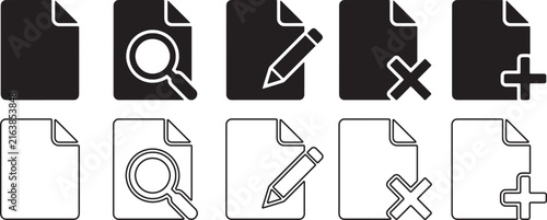 Document file icon set black silhouette and outline for web interface.
