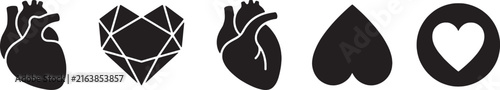 Heart and anatomical heart icon set black silhouette vector for medical