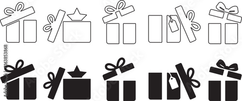 Gift box icon set silhouette and outline for shopping website.