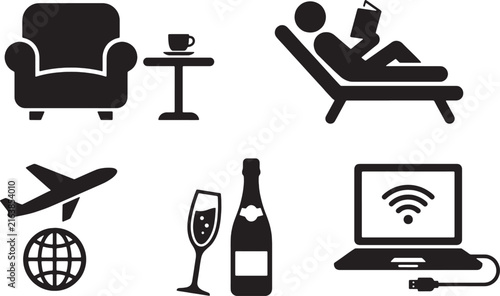 Travel and leisure icon set black silhouette for airport website.