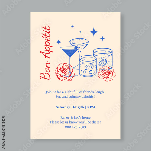 Vintage Style Dinner Party Invitation Template with Hand-Drawn Cocktails and Roses
