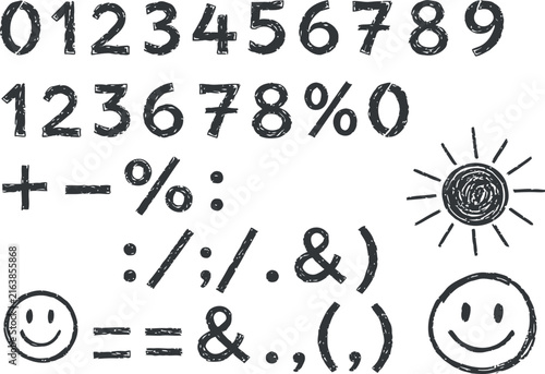 Chalkboard numbers symbols smiley faces and sun drawing