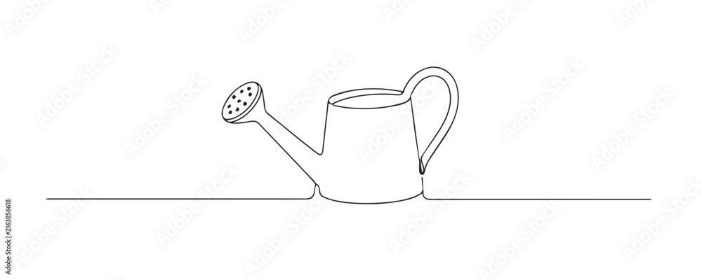 Obraz premium Single line drawing of a garden watering can. Continuous line drawing showing a simple watering can with a long spout for gardening and plant care.