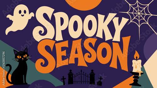 Retro Halloween banner with spooky season typography featuring a ghost, black cat, and cemetery silhouette.