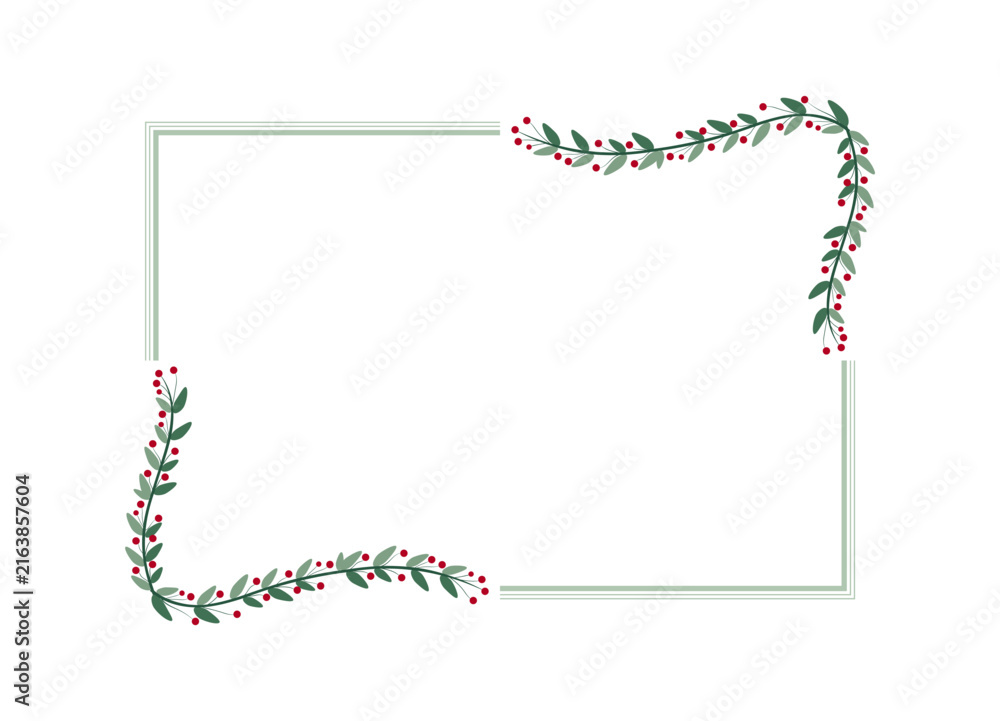 Naklejka premium Green Rectangle Border Frame With Plant Leaves And Red Cherry Berries