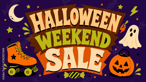 Retro Halloween weekend sale banner featuring vintage roller skate, ghost, and pumpkin illustration.