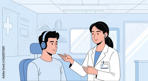 Doctor performing hearing test on patient with headphones in clinic.