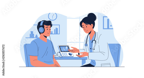 Doctor performs hearing test on patient with headphones, isolated on transparent background.